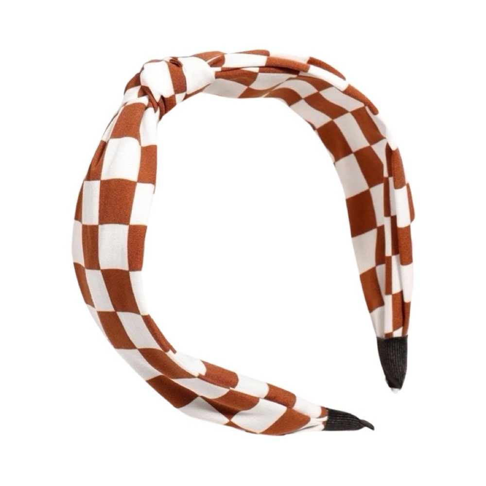 New Brown White Checkered Fabric Statement Headband